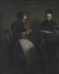 Kväll i salongen. Konstnärens mor och hustru av Vilhelm Hammershøi
