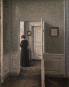 Interiör med en kvinna stående (olja på duk) av Vilhelm Hammershoi