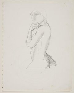 Kvinnlig modell, 3/4 figur, med hand över mun av Vilhelm Lundstrøm