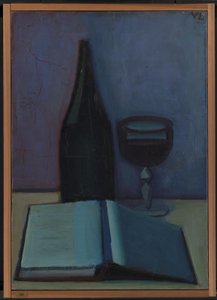 Stilleben med en bok, ett glas och en flaska av Vilhelm Lundstrøm