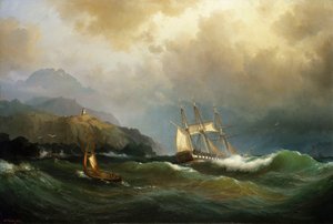 En fregatt som klöser sig loss från en klippig kust