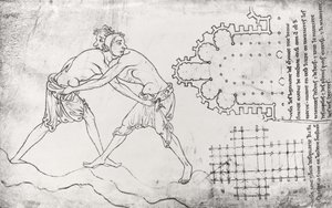 Ms.Fr.19093 fol.14v Två brottare, plan över en cistercienserkyrka och plan över Notre-Dame de Cambrais kör (faksimilkopia)