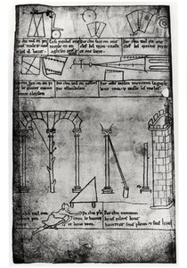 Ms.Fr.19093 fol.20v Geometriska figurer för konstruktion, bågar och människa som mäter höjden på ett torn (faksimilkopia)