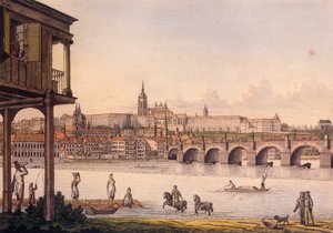 Utsikt över de små kvarteren och Pragborgen Hradcany från Papoueks bad, 1825 (färgad etsning)