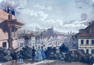 Hästmarknad på Vaclavplatsen, Prag, 1835 (färgad stålstick) av Vincenc and Geissler, F. Morstadt
