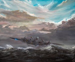 B17F "Dry Run 2" landning i Nordsjön, 2023 (olja på duk) av Vincent Alexander Booth