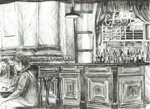 Café på Royal Exchange, Manchester, 2011, (bläck på papper) av Vincent Alexander Booth