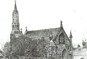 Church at Stonehaven, Skottland, 2007, (bläck på papper) av Vincent Alexander Booth