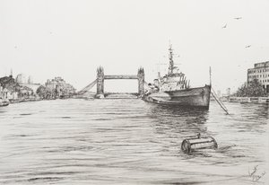 HMS Belfast på Themsen London, 2006, (Bläck på papper) av Vincent Alexander Booth