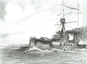 HMS Dreadnought till sjöss, 2017, (Bläck på papper) av Vincent Alexander Booth