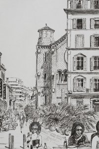 Hotel 5 och Notre Dame Cannes, 2014, (bläck på papper) av Vincent Alexander Booth