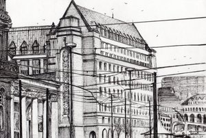 Manchester Town Hall, 2007, (bläck på papper) av Vincent Alexander Booth