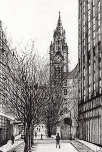 Manchester Town Hall från Deansgate, 2007, (bläck på papper) av Vincent Alexander Booth