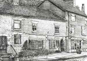 The Book shop at Marple Bridge, 2017, (bläck på papper) av Vincent Alexander Booth