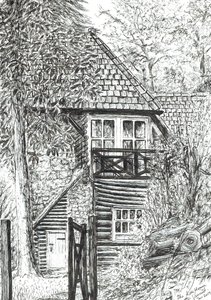 The Log House, 2019, (bläck på papper) av Vincent Alexander Booth