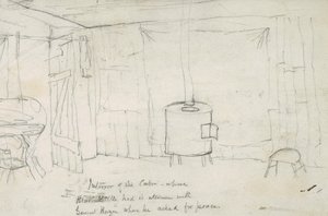 Interiör av hytten där Black Kettle hade sin interim med general Hazen när han bad om fred, 1869-71