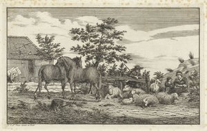 Herde med en sittande kvinna och barn med får och två hästar av Vincent Jansz. van der Vinne