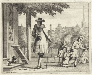 Hunden skäller på en man på en gata av Vincent Laurensz. van der Vinne (II)