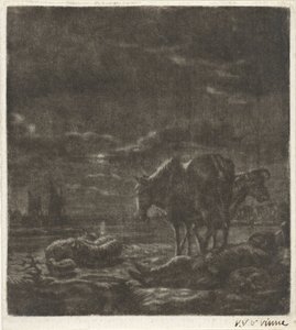 Nattlandskap med sovande herde och boskap av Vincent Laurensz. van der Vinne (II)