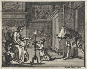 Far skrämmer ett barn i en interiör av Vincent Laurensz. van der Vinne (II)