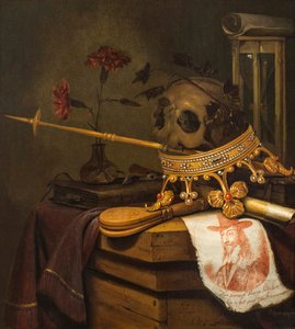 Ett Vanitas stilleben med en skalle, krona, spira, flöjt, bälg, timglas, nejlikor i en glasvas, rulla, bok och ett graverat porträtt av Charles I av Vincent Laurensz van der Vinne