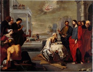 Jesus oroade mirakulöst en förlamning vid Capharnaum Målning av Vincent Malo (ca. Genes, National Gallery of Palazzo Spinola Italien av Vincent Malo