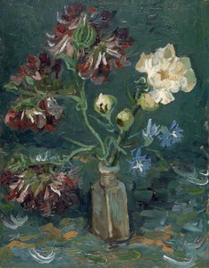 Flaska med pioner och blå delphiniums av Gogh, Vincent, van (1853-1890). Olja på kartong, storlek: 34,5x27 av Vincent van Gogh