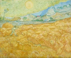 Skörden, sädesfält med skördemaskiner (La moisson). 1889 av Vincent van Gogh