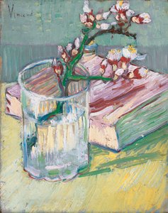 Blommande mandelgren i ett glas med en bok, 1888 av Vincent van Gogh