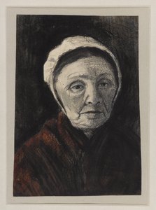 Huvud av en gammal kvinna i en Scheveninger-keps, 1882-83 (kol, svart och brun krita på papper)