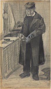 Man Polishing a Boot, 1882 (svart krita och grå tvätt, med vit förhöjning på vävt papper) av Vincent van Gogh