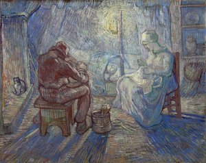 "Natt" (natt) bondefamilj i ett interiör - målning av Vincent van Gogh (1853-1890) efter Millet av Vincent van Gogh