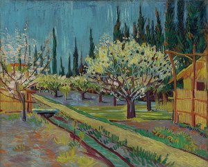 Fruktträdgård omgiven av cypresser. 1888 av Vincent van Gogh