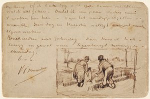 Vykort med två bönder som gräver, 1885 (penna och brunt bläck på ett vykort) av Vincent van Gogh