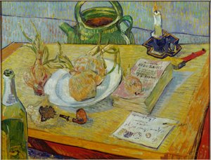 Stilleben med ritbräda, pipa, lök och tätningsvax av Vincent van Gogh