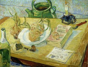 Stilleben med ritbräda, pipa, lök och tätningsvax. 1889 av Vincent van Gogh