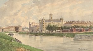 Weissgärber Lände i Wien med Donaus ångfartygsbyggnad av Vincenz Havlicek