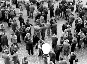 Grupper av män i samtal, Italien, ca 1960 (gelatinsilvertryck)
