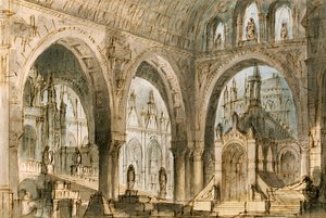 Scenografi av Francesco Bagnara för den fjärde scenen av Capuleti och Montecchi, opera av Vincenzo Bellini (1801-1835), uppförd på La Fenice Theatre i Venedig