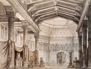 Scenografi av Francesco Bagnara för andra scen av Norma, opera av Vincenzo Bellini (1801-1835), framförd på teatern La Fenice i Venedig