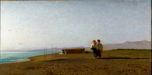 Utsikt över stranden i Viareggio morgonsolen på den toskanska kusten, två barn silhuetter. Målning av Vincenzo Cabianca (1827-1902)