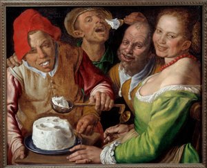 Ricotta Eaters Karaktärer med uttrycksfulla och groteska ansikten som äter ost med en slev. Målning av Vincenzo Campi (1536-1591)