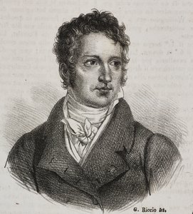Porträtt av Vincenzo Camuccini (1771-1844), italiensk målare och restauratör, litografi av Gaetano Riccio från Poliorama Pittoresco, n 16, 23 november