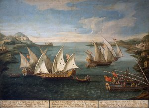 Sjöstrid mellan venetianska fartyg av Marco Ivanovich Dobrota och turkiska fartyg utanför Patras den 17 april