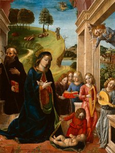 Tillbedjan av barnet med St. Benedictus och änglar, c.1478 (tempera på duk)