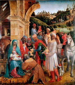 Tillbedjan av Magi Målning av Vincenzo Foppa (ca 1427-1515) Sön. 239x210 cm London, National Gallery - The Adoration of the Kings, av Vincenzo Foppa (c.1427-c.1515). Olja på poppel, 239x210 cm, c.1500. National Gallery, London, Storbritannien