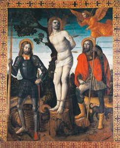 St Sebastian, St Rocco och St Giorgio, baksidan av processionsbanern Orzinuovi, av Vincenzo Foppa (ca1427 - ca1515), målning på duk.