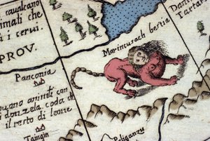 Representation av en manticore, en fantastisk varelse med ett mänskligt huvud (ofta med horn, blå ögon och tre rader tänder), och en skorpion eller draksvans och en lejonkropp. Detalj av en världskarta av Vincenzo coronelli (1650-1718). 1600-talet
