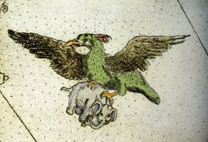 Den jättelika fågeln Rok bär en elefant mellan sina växthus för att ge den till sina ungar, detalj på en världskarta av Vincenzo coronelli (1650-1718). 1600-talet