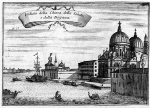 Venedig, Italien. Kyrkan Santa Maria della Salute designad av arkitekten Baldassare Longhena, och sjöfartstullen. I "" Singularity of Venice "" av Vincenzo Coronelli (1650-1718).